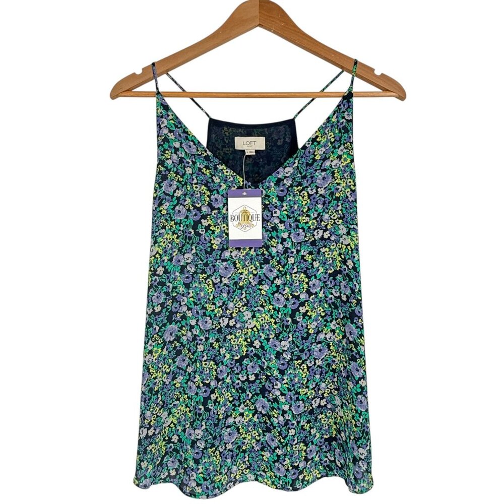NWT Loft Womens M Micro Floral Racerback Tank Top Lined Blue Green Cottagecore